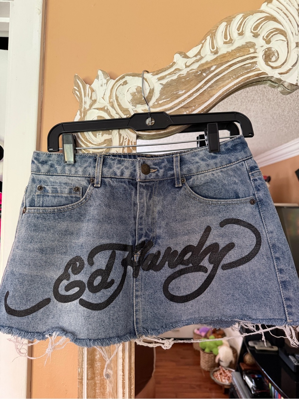 Ed Hardy Blue Denim Mini Skirt with Ed Hardy Classic Graphic Logo